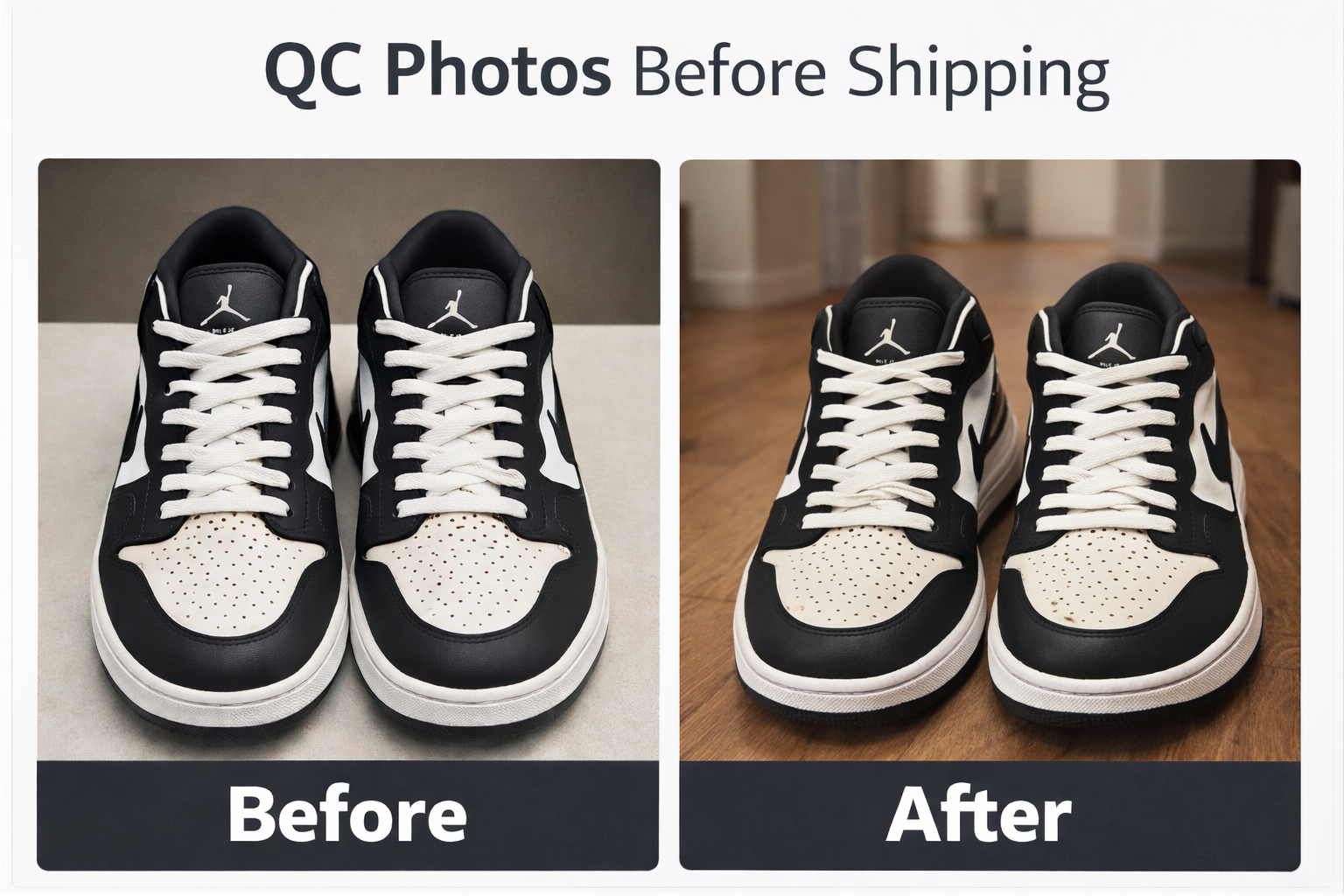 Before and after QC sneaker photos